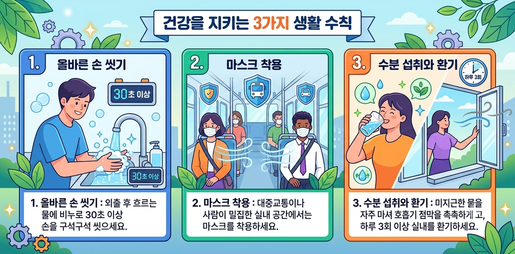 독감 예방을 위한 올바른 손 씻기 수칙3가지. 첫째 올바른 손 씩기, 둘째 마스트 착용, 셋째 수분 섭취와 환기.